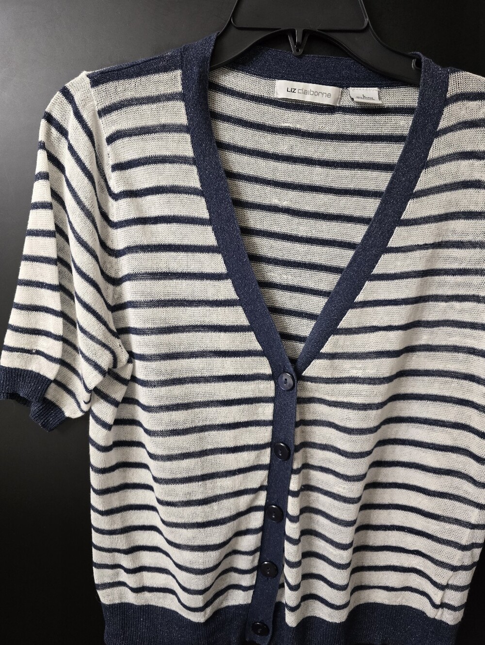 Liz Claiborne Navy & White Striped Short Sleeve Cardigan